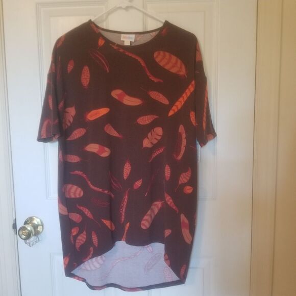 LuLaRoe Brown Orange Feathers Irma Scoop Neck Tunic Flowy High Low Size XXSmall - Picture 1 of 11